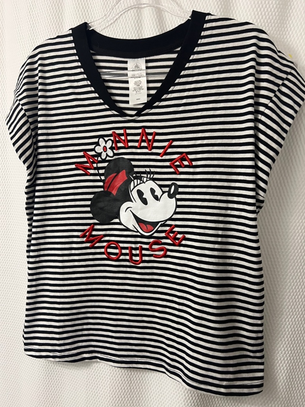 Disney Parks Disneyworld Striped Black and White Tee with Red Embroidery Size-L